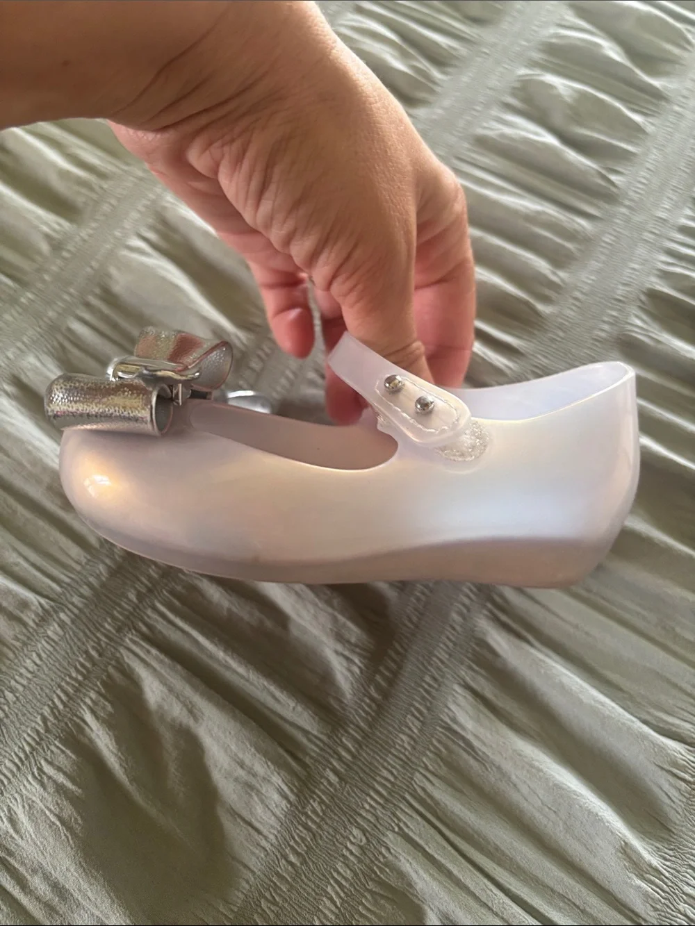 Mini Melissa Pearlescent Jelly Mary Jane Toddler Shoes w Metallic Silver Bow 7